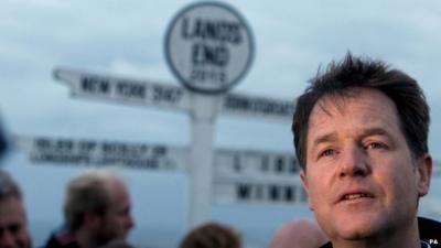 Former Liberal Democrat leader Nick Clegg on the election campaign trail at Land's End in Cornwall in May 2015