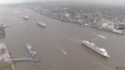 Queen Mary Two, the Queen Victoria, and the Queen Elizabeth on the Mersey