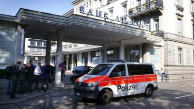 Police van outside the Baur au Lac hotel, Zurich