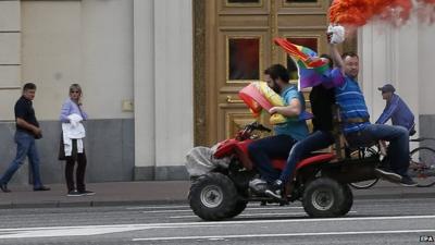 Members of the LGBT community in a gay rights event in Moscow