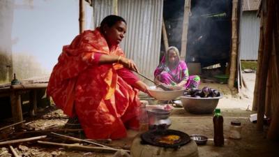 A Bangladeshi woman cooking genetically-modified aubergine