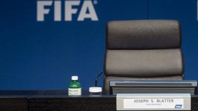 File photo from 2 June 2015 of Sepp Blatter's empty seat at news conference