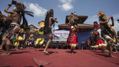 Dancers mark the opening of Durbar Square, Bhaktapur