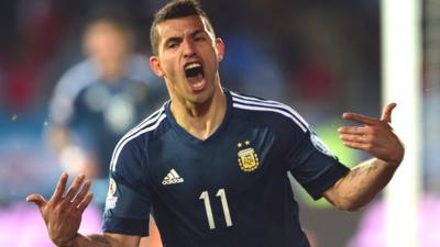 Sergio Aguero celebrates scoring Argentina's winner against Uruguay