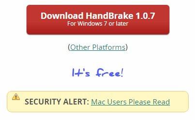 Screen grab of Handbrake's warning
