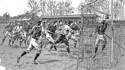 An illustration of one Fred Spiksley's goals for England against Scotland