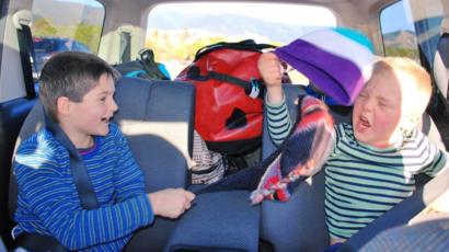 Siblings squabbling on the back seat of a car