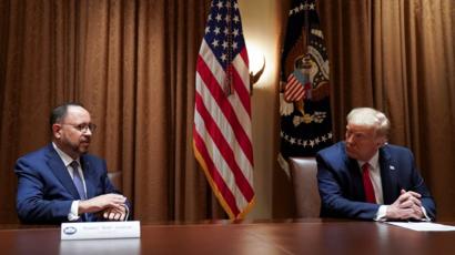 U.S. President Donald Trump listens to remarks from Robert Unanue, CEO of Goya Foods, prior to signing an Executive Order on the White House Hispanic Prosperity Initiative at the White House in Washington, U.S., July 9, 2020