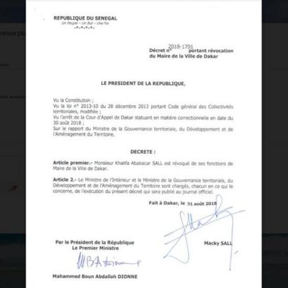 Le décret révoquant Khalifa Sall de la mairie de Dakar