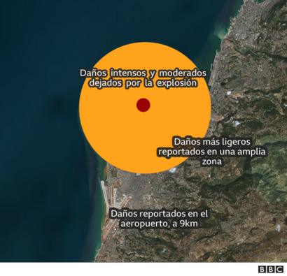 Mapa muestra el radio de destrucción de la explosión