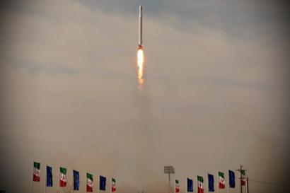 A handout photo showing what Iran's Islamic Revolution Guard Corps (IRGC) says is the launch of a military satellite on 22 April 2020