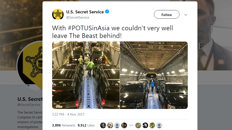 Imagem de um tuíte do Serviço Secreto dos EUA mostrando imagens da Besta a bordo de aviões de transporte