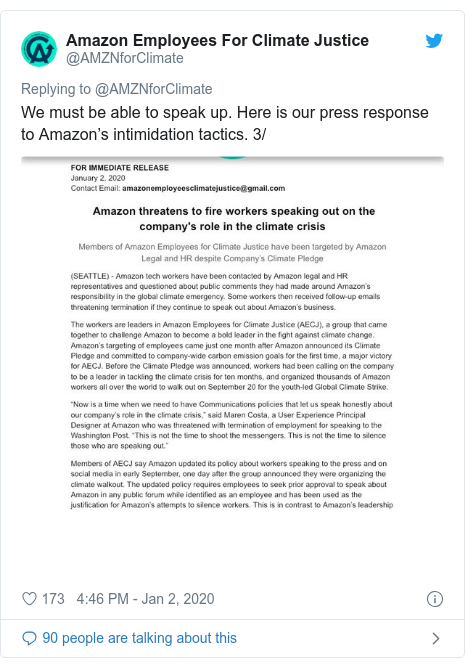Twitter post by @AMZNforClimate: We must be able to speak up. Here is our press response to Amazon’s intimidation tactics. 3/ 