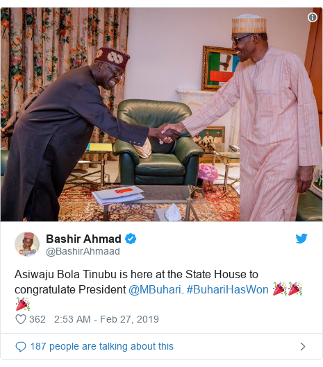 Twitter wallafa daga @BashirAhmaad: Asiwaju Bola Tinubu is here at the State House to congratulate President @MBuhari. #BuhariHasWon ??? 