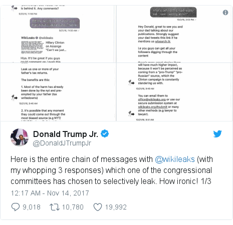 Donald Trump Jr Releases Twitter Exchanges With Wikileaks Bbc News