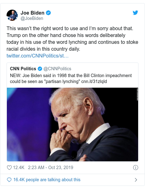 Joe Biden Apologises For 1998 Remark On Lynching Bbc News