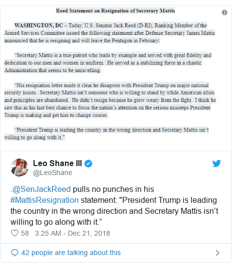 Republicans And Democrats Alarmed Over Mattis Resignation Bbc News