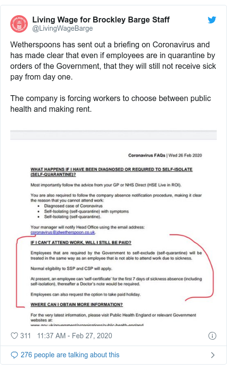 Coronavirus Sick Pay Rules Apply Says Jd Wetherspoon Pub Chain Bbc News