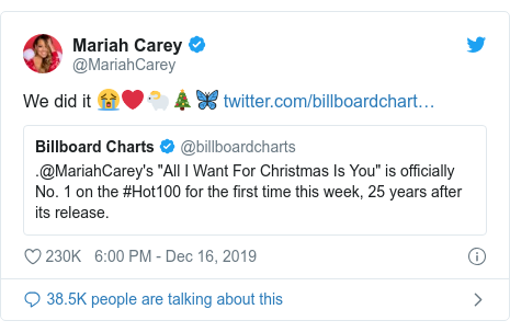 All I Want For Christmas Is You Mariah Classic Finally Tops Us Chart Bbc News