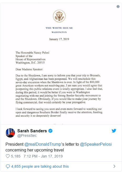 Trump Cancels Nancy Pelosi Foreign Trip Citing Shutdown Bbc News