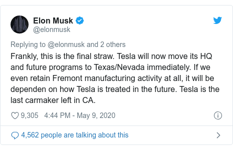 Coronavirus Elon Musk Vows To Move Tesla Factory In Lockdown Row Bbc News