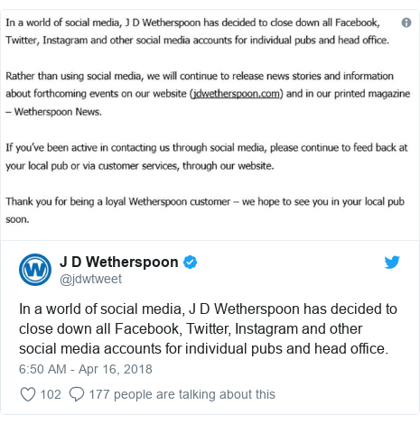 Wetherspoon Pub Chain Shuts Its Social Media Accounts Bbc News