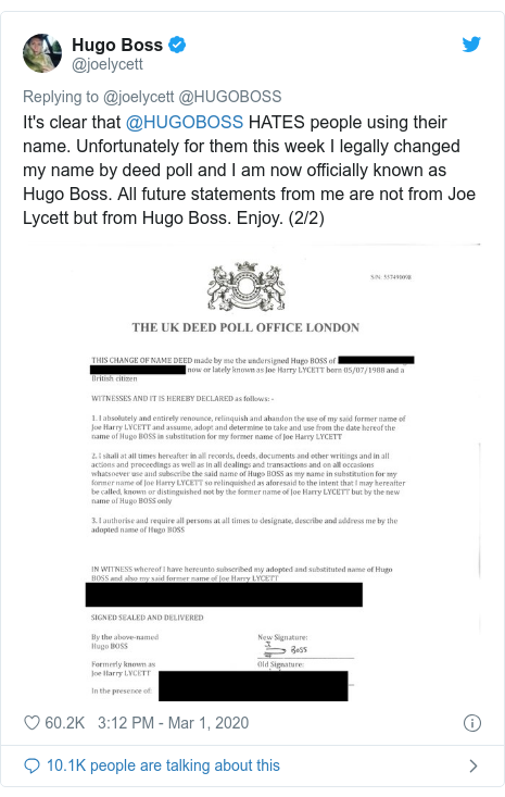 Joe Lycett Comedian Changes His Name To Hugo Boss Bbc News