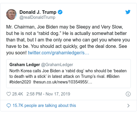 Trump Tweets Biden Somewhat Better Than Rabid Dog After North Korean Jibe Bbc News