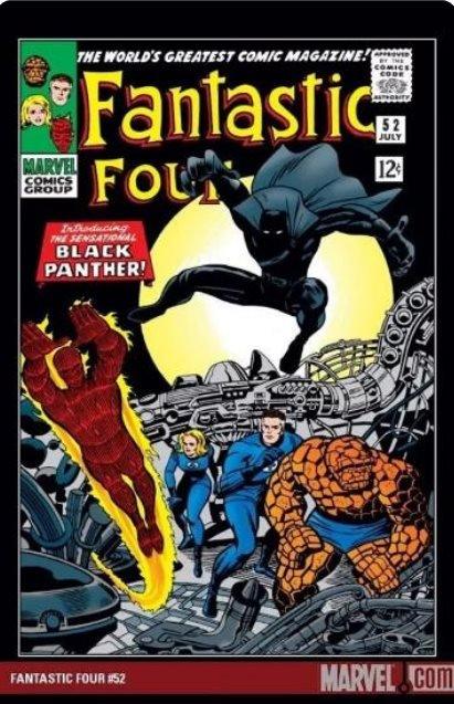 Fantastic Four cover saying "Introducing the sensational Black Panther" as character leaps into vision.