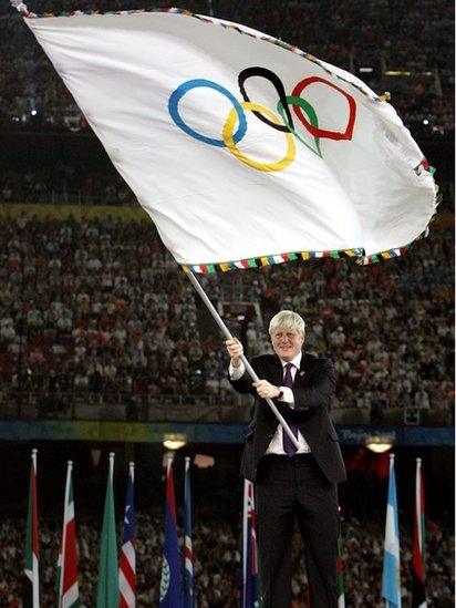 Boris Johnson waves the Olympic flag at the Beijing Olympics Closing Ceremony