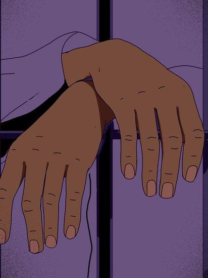 Ilustración de las manos de una mujer tras las rejas.