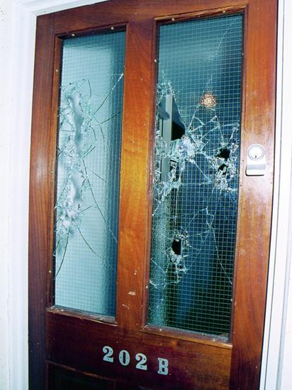 Damage caused to the door of David Clarke's flat