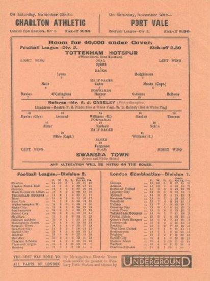 A team sheet for Tottenham Hotspur FC vs Swansea Town FC