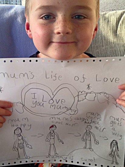 Hamish and a drawing her made during his mum's first battle with breast cancer