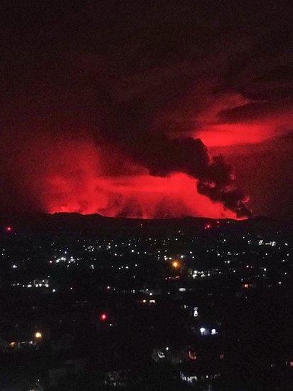 A general view of erupting Mount Nyiragongo over Goma, Democratic Republic of the Congo, on 22 May 2021