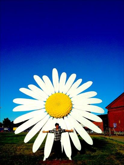 A man standing in front of a giant daisy