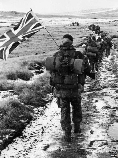 Royal Marines marching across the Falklands towards Port Stanley
