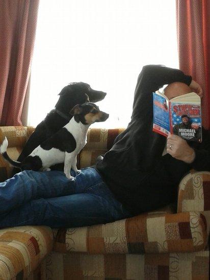 Man reading a book with two dogs