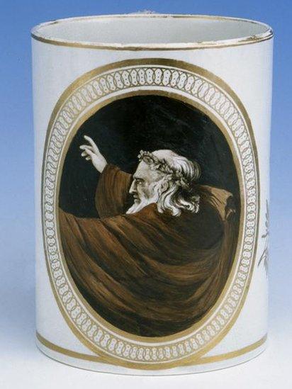 Beer mug, painted with a Druid, Cambrian Pottery, Swansea, about 1805