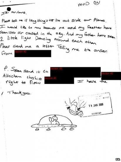Undated handout photo issued by The National Archives of a letter and drawing of UFO sighting from a schoolchild in Altrincham, Greater Manchester, January 2009