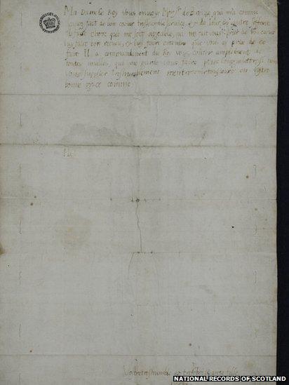 This is the earliest known surviving letter of Mary, written in 1550 to her mother, Mary of Guise. Mary of Guise, a Frenchwoman and by now widow of James V, was Queen Regent in Scotland while her daughter, who was already Queen of Scotland, was being educated at the French court.