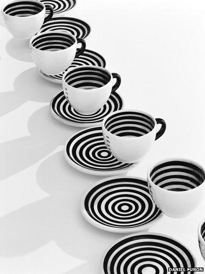 Black and white coffee cups and saucers of Cafe de Stijl's, San Francisco