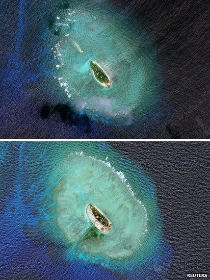 Vietnamese-controlled Sandy Cay before 2011 (above) and in 2015 (below)