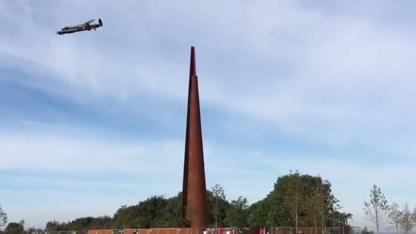 A Lancaster flies over the new Lincoln Bomber Command centre