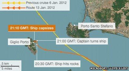 Map showing Costa Concordia's route as it hit rocks off the Italian coast