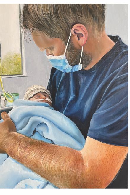 Painting of Chris holding baby Will in hospital
