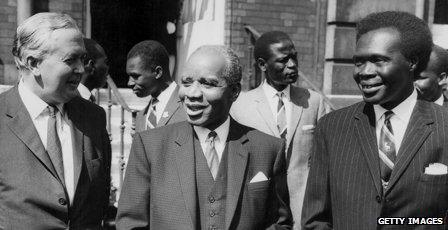 Former leader Hastings Banda is pictured with British Prime Minister Harold Wilson (l) and Ugandan Prime Minister Milton Obote (r)