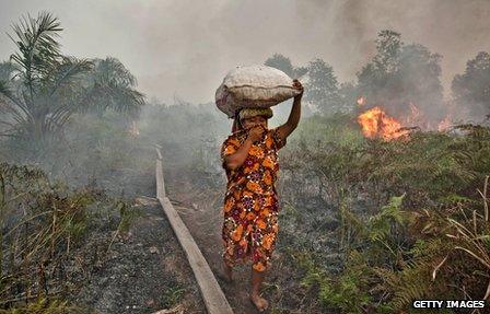Woman walks past a forest fire in Riau Province, on the Indonesia island of Sumatra, in 2013