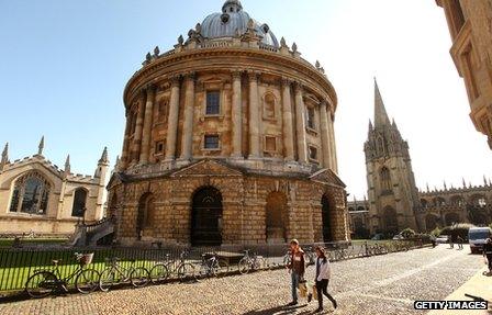 Students walk past the Radcliffe Camera at Oxford University