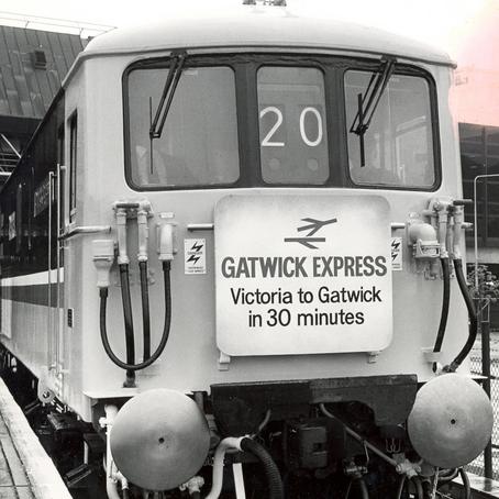 Black and white photo of Gatwick Express in 1984
